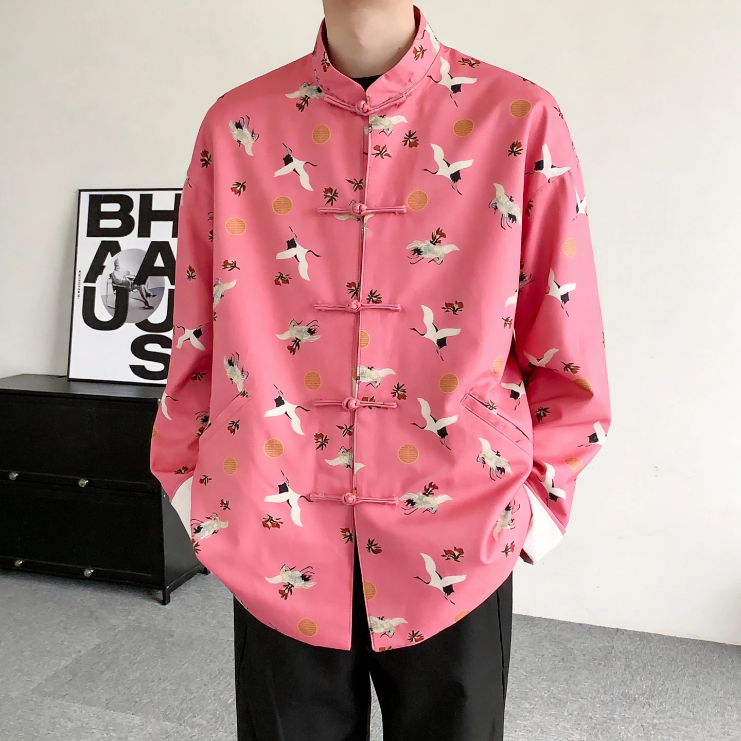 Pink Chinese Style Men's Jacket with Button Print Crane Design Casual Loose Fit Autumn Outerwear for Youth Traditional Chines...
Pink Chinese Style Men's Jacket with Button Print Crane Design Casual Loose Fit Autumn Outerwear for Youth Traditional Chines...