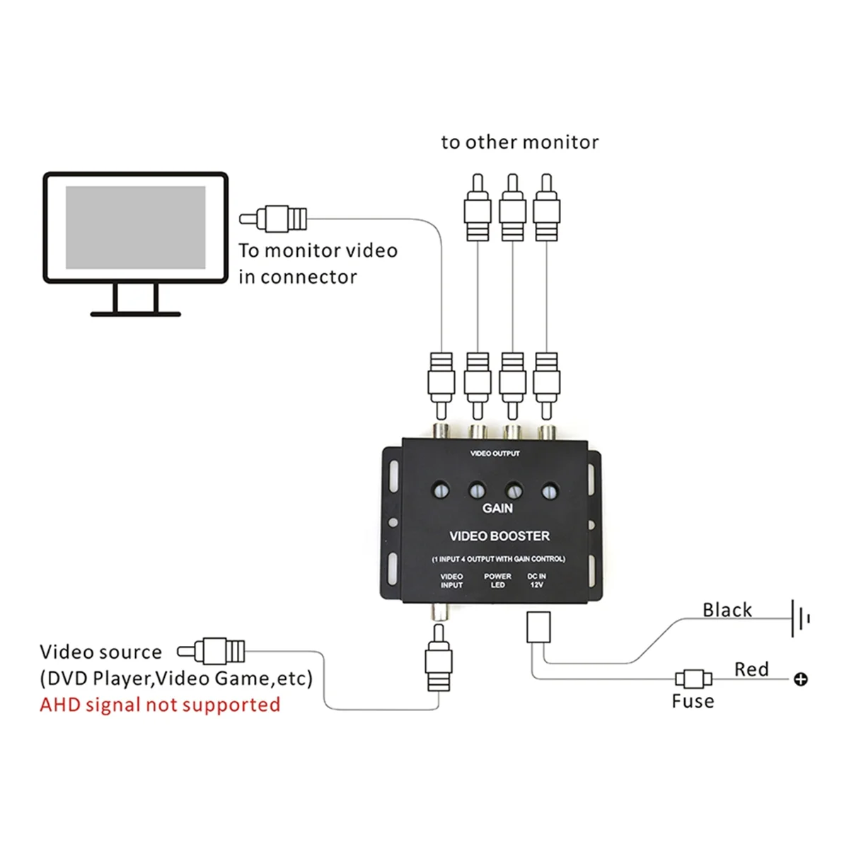 Car Video Splitter 1 to 4 AV Signal Booster Amplifier Splitter for Car CCTV TV LCD DVD Player 1 Input 4 Output -AT93
Car Video Splitter 1 to 4 AV Signal Booster Amplifier Splitter for Car CCTV TV LCD DVD Player 1 Input 4 Output -AT93