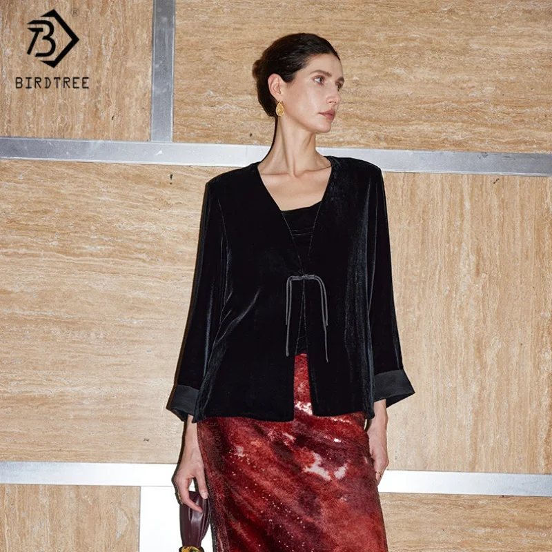 Birdtree,Base Fabric 100% Silk Velvet Blouse,Women's V-neck Full Sleeve Coat,Elegant Black Shirt,2025 New T5D833JF
Birdtree,Base Fabric 100% Silk Velvet Blouse,Women's V-neck Full Sleeve Coat,Elegant Black Shirt,2025 New T5D833JF