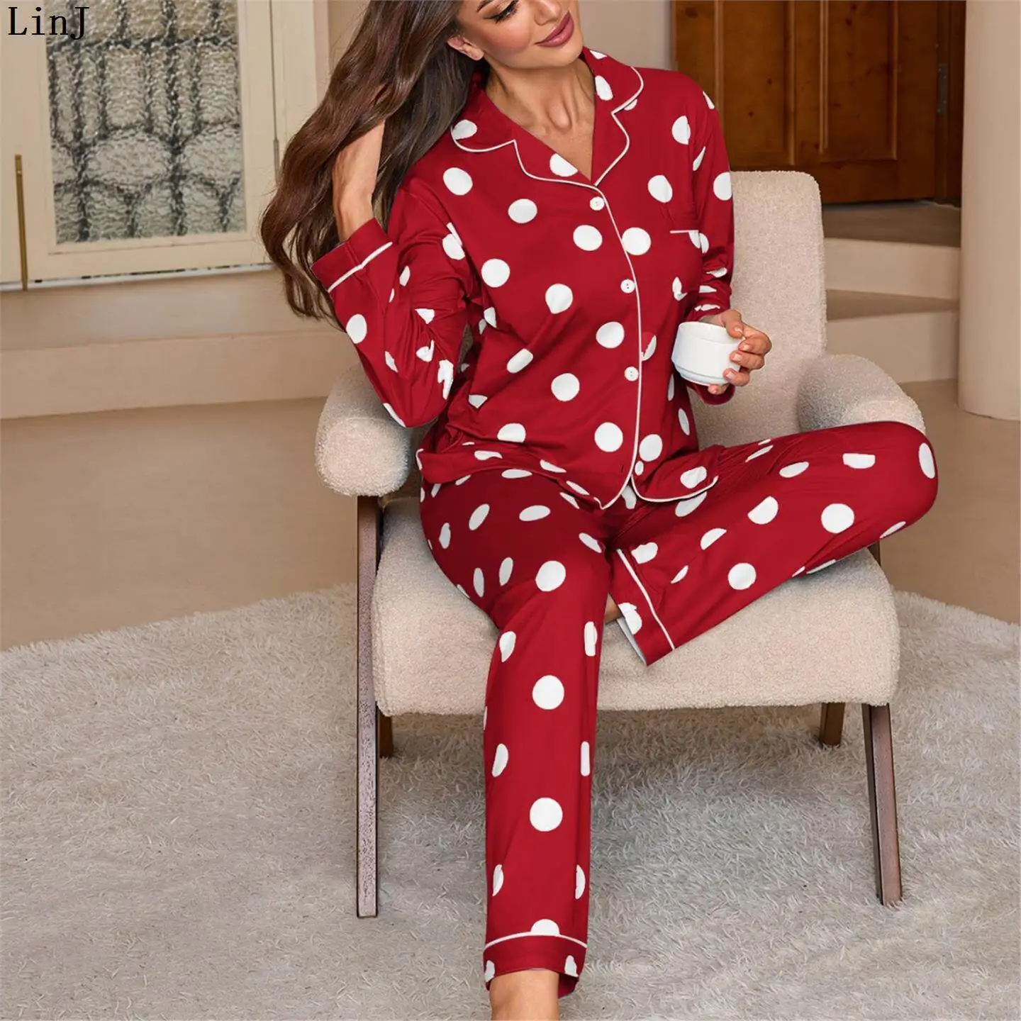 Autumn Sleepwear Women's Loose Long Sleeve Collared Open Cardigan Pants Comfortable Casual Home Clothes Set LinJ Spicy Girl
Autumn Sleepwear Women's Loose Long Sleeve Collared Open Cardigan Pants Comfortable Casual Home Clothes Set LinJ Spicy Girl