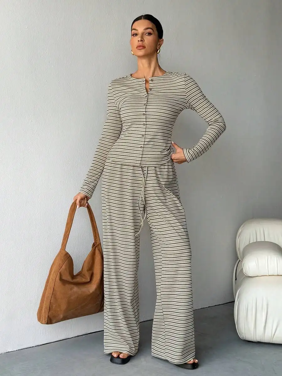 Women Casual Striped Button Front Long Sleeve Top And Wide Leg Pants Set Autumn
Women Casual Striped Button Front Long Sleeve Top And Wide Leg Pants Set Autumn