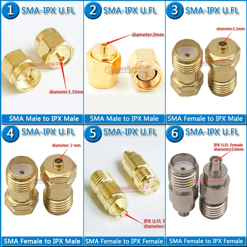 IPX IPXE U.FL Male Female to SMA Male Female diameter 1.35mm 2mm IPXE1 IPXE2 IPXE3 IPXE4 gold silver Brass RF Connector Adapters
IPX IPXE U.FL Male Female to SMA Male Female diameter 1.35mm 2mm IPXE1 IPXE2 IPXE3 IPXE4 gold silver Brass RF Connector Adapters