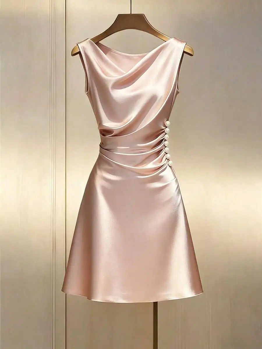 Satin Draped Wrap Dress With Pearl Buttons Waist Cinching A-Line Mini Dress For Women
Satin Draped Wrap Dress With Pearl Buttons Waist Cinching A-Line Mini Dress For Women