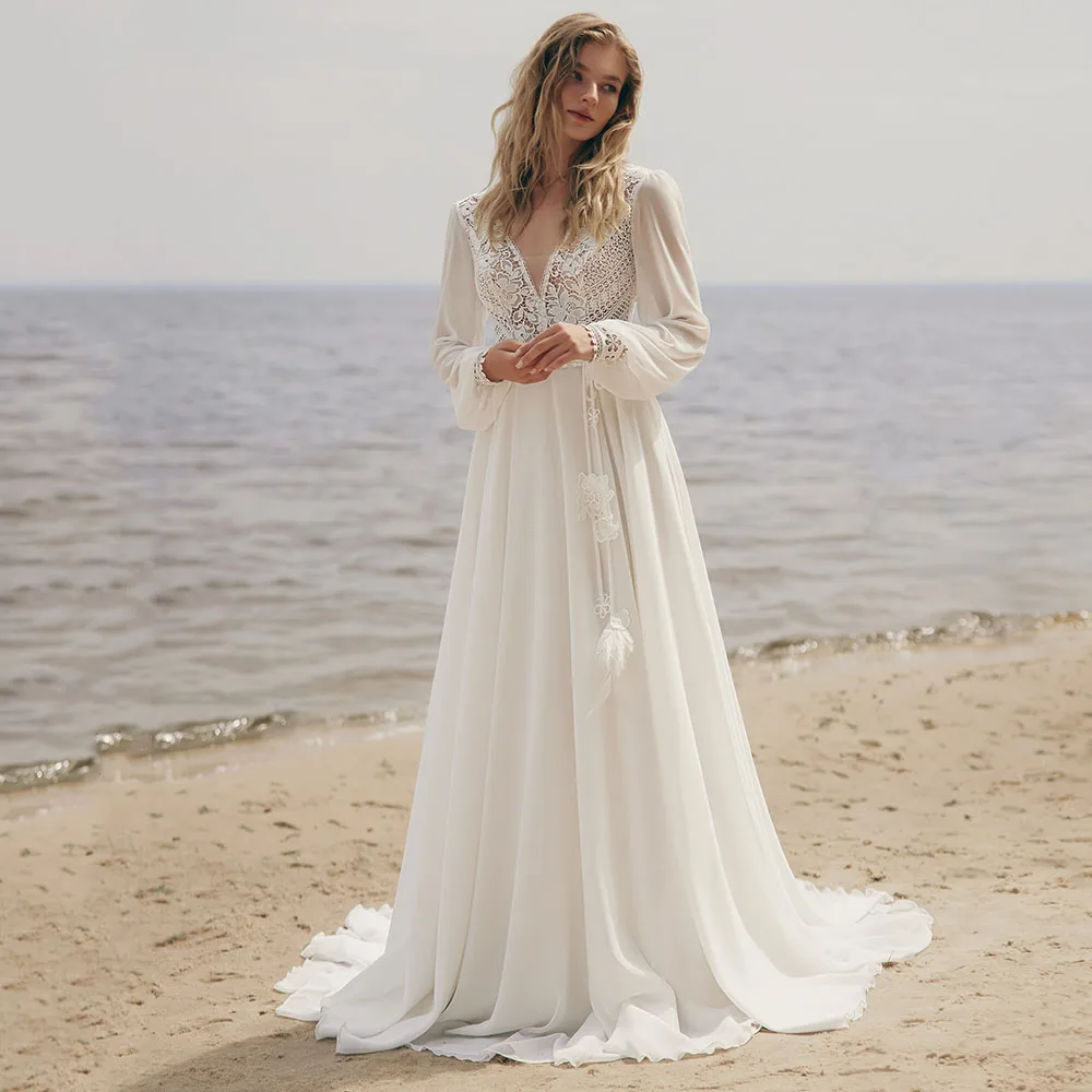 2026 New Beach Chiffon Bohemian Wedding Dresses for Brides Lace V-Neck Long Sleeves Bridal Dress Customized Robe de Mariée
2026 New Beach Chiffon Bohemian Wedding Dresses for Brides Lace V-Neck Long Sleeves Bridal Dress Customized Robe de Mariée