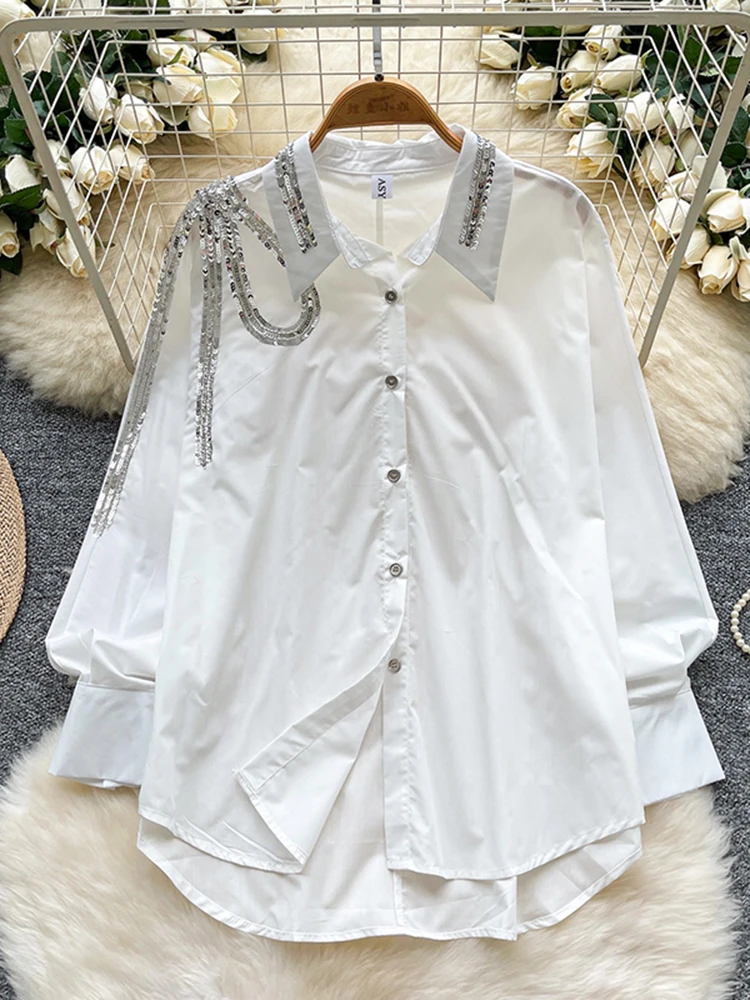 Весенне-осенняя универсальная однобортная рубашка с блестками и лацканами с длинными рукавами, женская новая модная свободная вечерние блузка большого размера C377
Весенне-осенняя универсальная однобортная рубашка с блестками и лацканами с длинными рукавами, женская новая модная свободная вечерние блузка большого размера C377