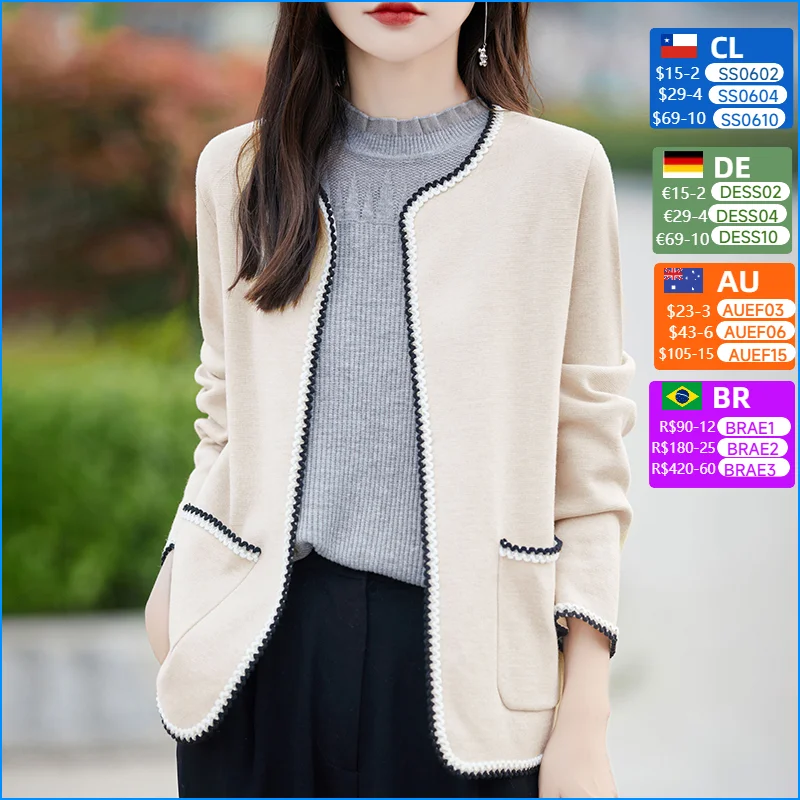 Women 100% Merino Wool Sweater Lace Collar Contrasting Cardigan With Pockets Autumn Winter Long Sleeve Coat Cashmere Knitwear
Women 100% Merino Wool Sweater Lace Collar Contrasting Cardigan With Pockets Autumn Winter Long Sleeve Coat Cashmere Knitwear