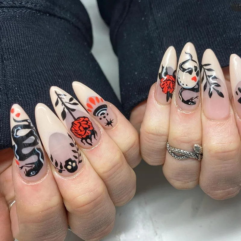 24pcs Halloween Press-On Nails - Coiling Snake & Black Leaf Design with Blood Red Roses Long Almond False Nails
24pcs Halloween Press-On Nails - Coiling Snake & Black Leaf Design with Blood Red Roses Long Almond False Nails