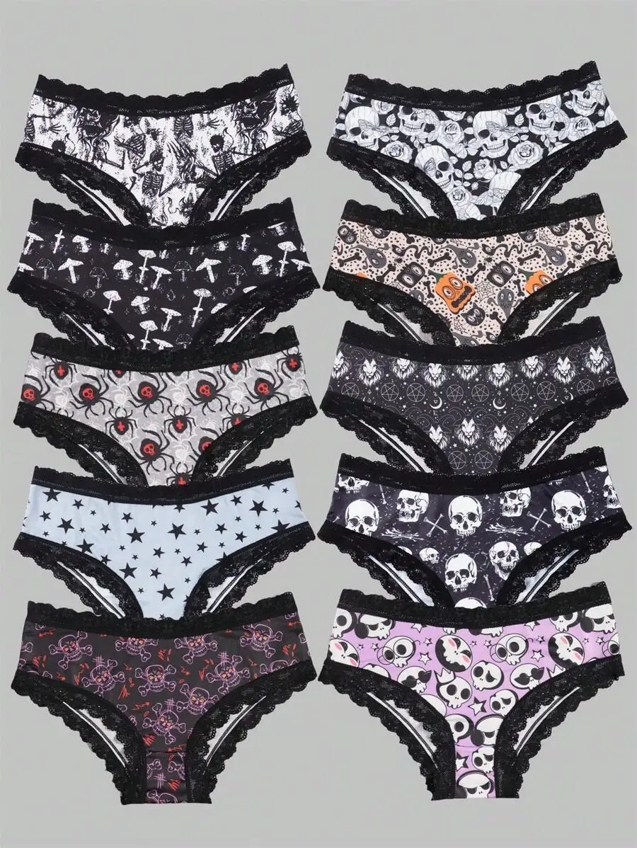 10pcs Womens Gothic Style Low-Rise Hipster Panties With Lace Trim Skull Spider Star Pumpkin Prints
10pcs Womens Gothic Style Low-Rise Hipster Panties With Lace Trim Skull Spider Star Pumpkin Prints