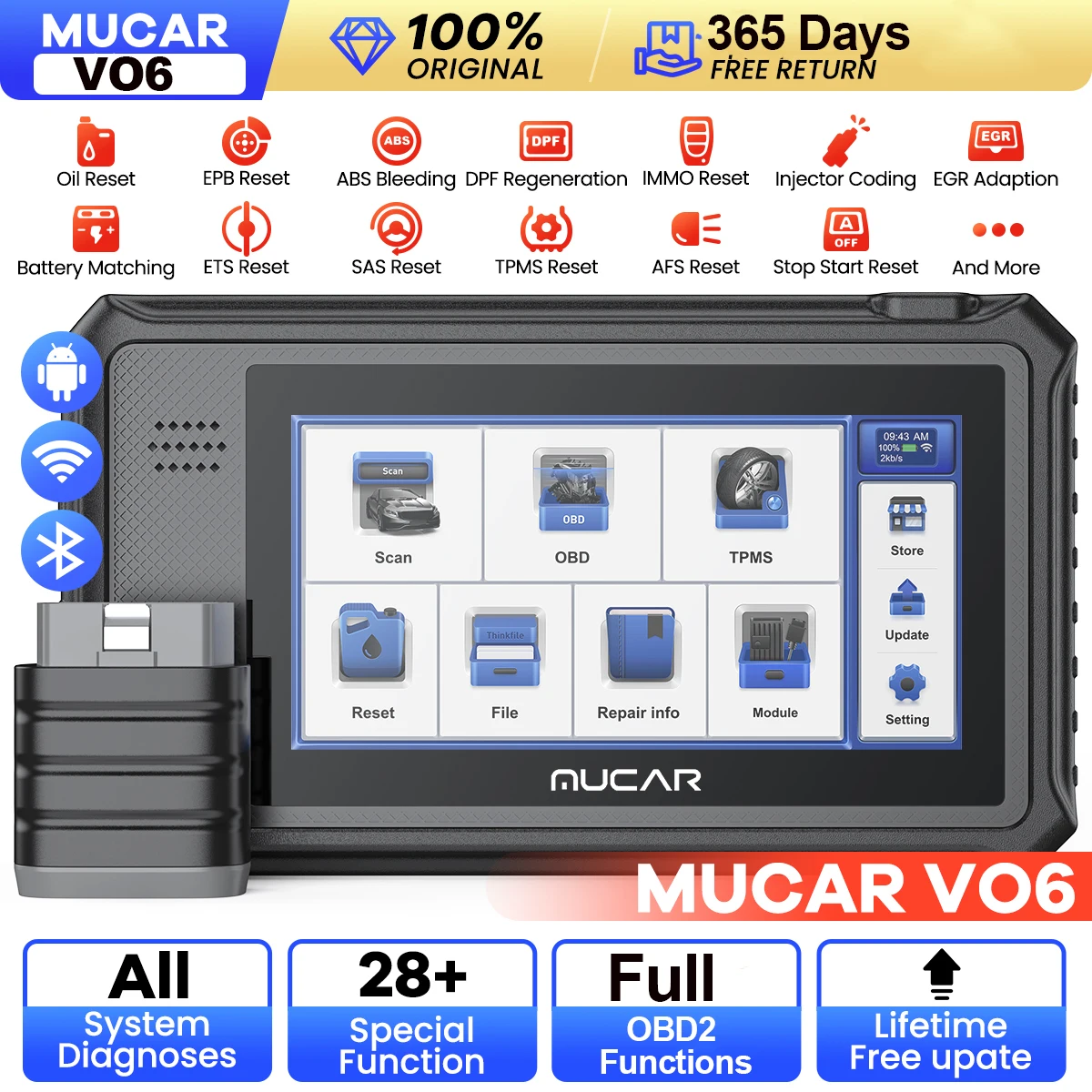 Диагностический сканер MUCAR VO6 OBD2, профессиональный инструмент для полной диагностики системы автомобиля, считыватель кодов неисправностей, 28 функций сброса, пожизненное бесплатное обновление для всех автомобилей
Диагностический сканер MUCAR VO6 OBD2, профессиональный инструмент для полной диагностики системы автомобиля, считыватель кодов неисправностей, 28 функций сброса, пожизненное бесплатное обновление для всех автомобилей