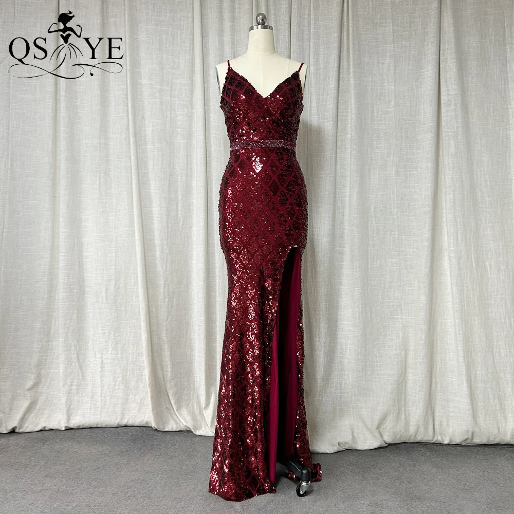 Pattern Sequin Red Prom Dresses Shiny Diamond Lace Spaghetti Straps V Evening Gown Open Split Crystal Belt Backless Party Dress
Pattern Sequin Red Prom Dresses Shiny Diamond Lace Spaghetti Straps V Evening Gown Open Split Crystal Belt Backless Party Dress