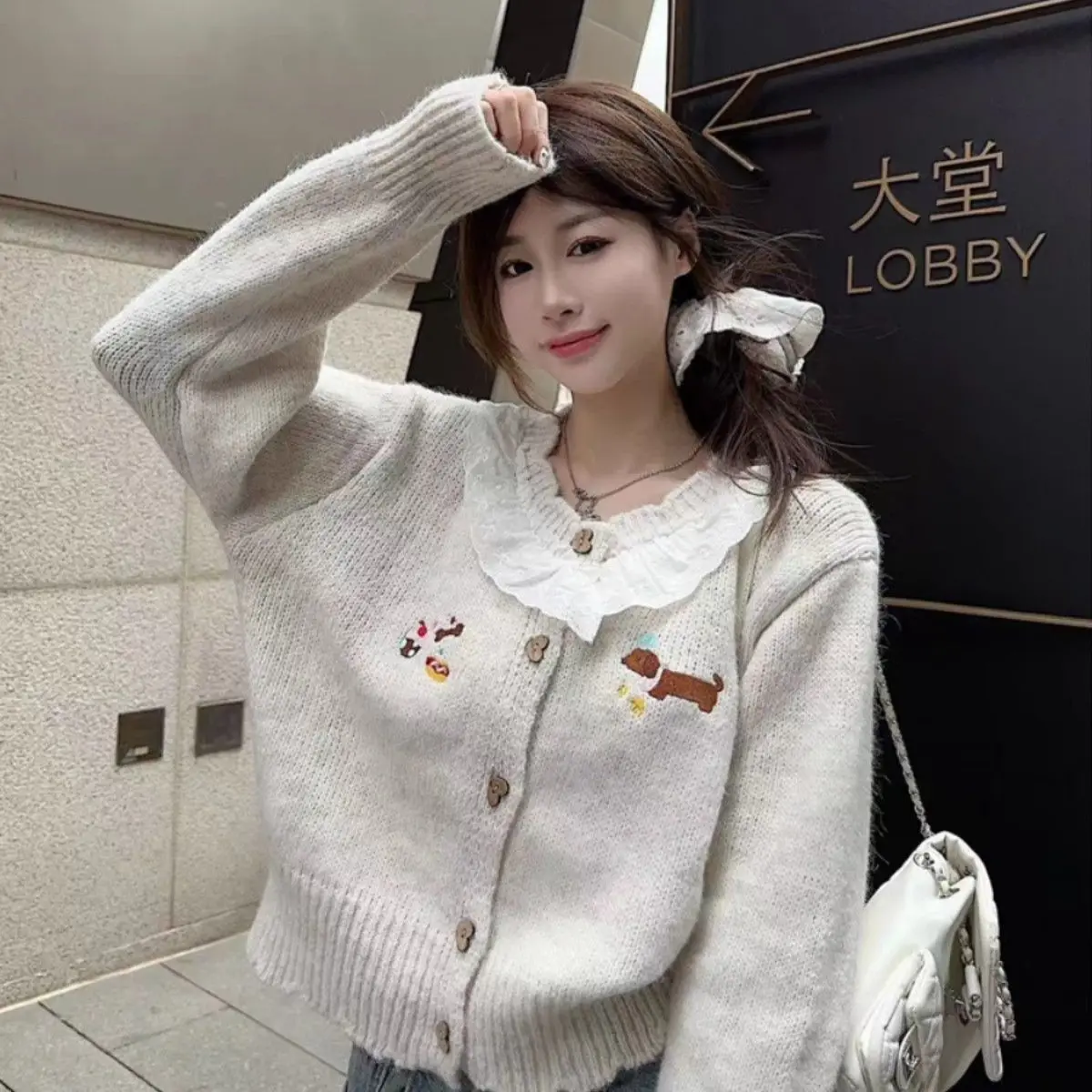 Puppy Embroidered Lace Long-Sleeved Sweater Cardigan Women 2025 Autumn Winter New Style Design Loose Casual Comfortable Jacket
Puppy Embroidered Lace Long-Sleeved Sweater Cardigan Women 2025 Autumn Winter New Style Design Loose Casual Comfortable Jacket