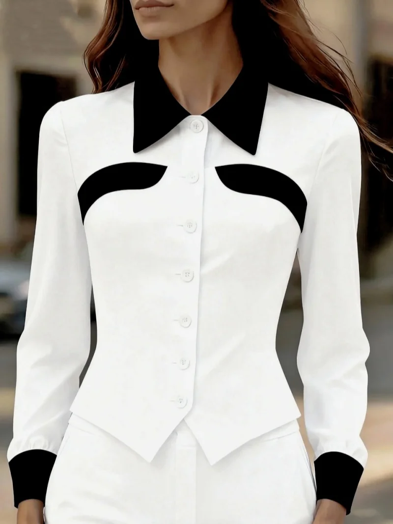 Women Long Sleeve Contrast Collar Button Front Shirt Slim Fit Blouse Elegant Office Workwear Top
Women Long Sleeve Contrast Collar Button Front Shirt Slim Fit Blouse Elegant Office Workwear Top