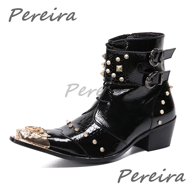Trendy New Metal Toe Rivet Men's Chelsea Boots Patent Leather Buckle High Heel Boots Luxury Handmade Party Banquet Dress Shoes
Trendy New Metal Toe Rivet Men's Chelsea Boots Patent Leather Buckle High Heel Boots Luxury Handmade Party Banquet Dress Shoes