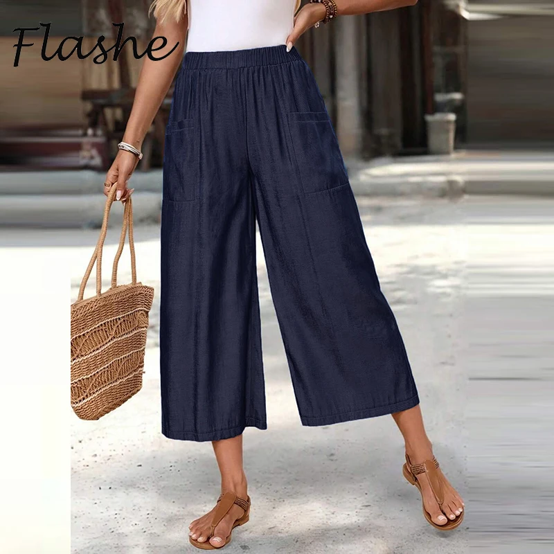 Summer Wide Leg Pants Elastic High Waist Pocket Casual Three Quarter Pants Women Casual Loose Trousers Daily Wear Streetwear
Summer Wide Leg Pants Elastic High Waist Pocket Casual Three Quarter Pants Women Casual Loose Trousers Daily Wear Streetwear