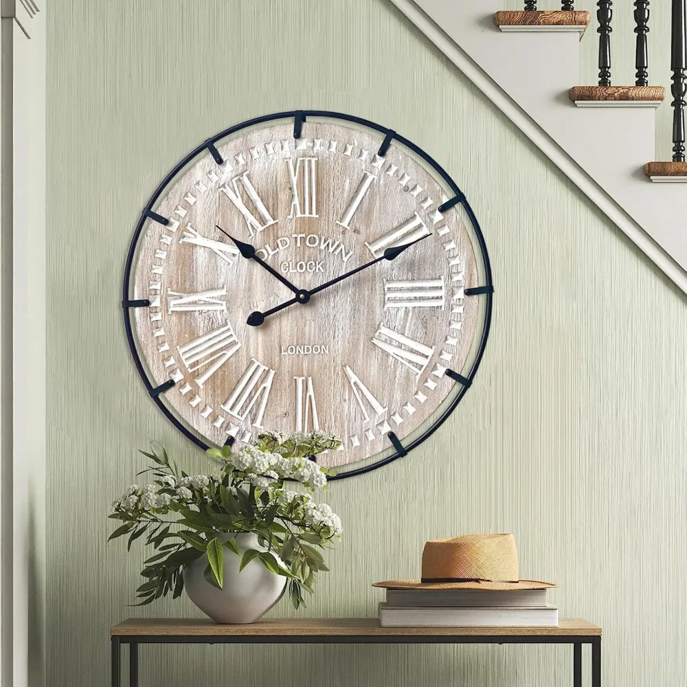 24 Inch Large Farmhouse Wall Clock, Rustic Antique Wood with Metal Circle and Large Engraved Numerals, Wall Clocks
24 Inch Large Farmhouse Wall Clock, Rustic Antique Wood with Metal Circle and Large Engraved Numerals, Wall Clocks