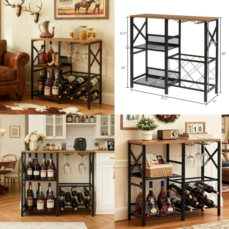 Wine Bar Cabinet, Rustic Freestanding Wine Rack with Glass Holder and Fence, Bar Cabinet with 2 Tier Storage, Liquor Shelf for
Wine Bar Cabinet, Rustic Freestanding Wine Rack with Glass Holder and Fence, Bar Cabinet with 2 Tier Storage, Liquor Shelf for