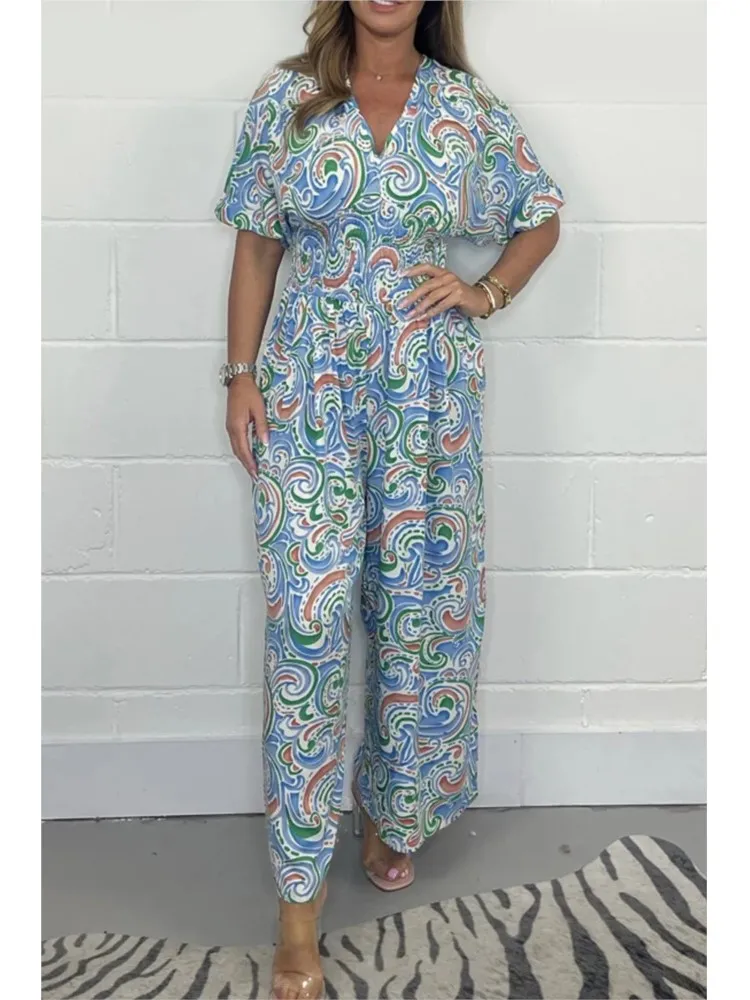 Fashion Print Women's Jumpsuit Casual V Neck Short Sleeve Wide-leg Pants Office Lady Jumpsuits Overalls 2025 New Summer Clothing
Fashion Print Women's Jumpsuit Casual V Neck Short Sleeve Wide-leg Pants Office Lady Jumpsuits Overalls 2025 New Summer Clothing