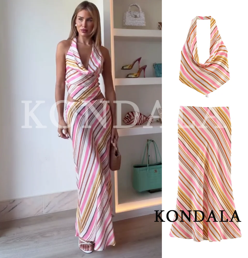 Women Holiday Casual Colored Striped Set KONDALA 2026 Summer Fashion Elegant Chic Skirt Set Female Short Halter Tops, Midi Skirt
Women Holiday Casual Colored Striped Set KONDALA 2026 Summer Fashion Elegant Chic Skirt Set Female Short Halter Tops, Midi Skirt