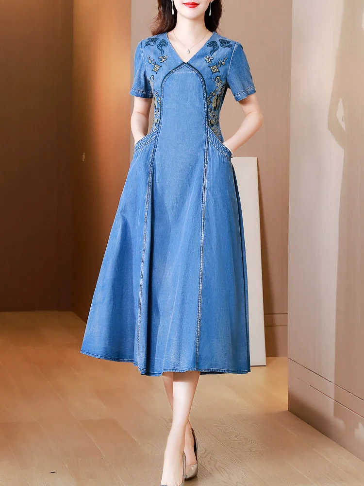 2023 New Free Shipping Vintage Women Long Mid-Calf Summer Denim M-2XL Short Sleeve Embroidery V-Neck Chinese Style Dresses
2023 New Free Shipping Vintage Women Long Mid-Calf Summer Denim M-2XL Short Sleeve Embroidery V-Neck Chinese Style Dresses
