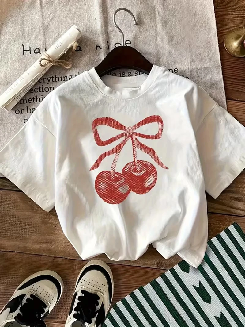 Cherry Bow Print T-shirt Cute Coquette Graphic Short Sleeve Tops Women Casual Loose Streetwear Daily Wear Tee Lady's T-shir
Cherry Bow Print T-shirt Cute Coquette Graphic Short Sleeve Tops Women Casual Loose Streetwear Daily Wear Tee Lady's T-shir