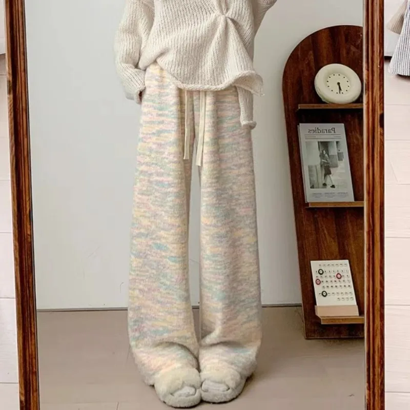 Y2K Girls Rainbow Striped Knitted Wide-legged Trousers Women Autumn Winter Thicken Draping Long Sportpants Female Casual Pants
Y2K Girls Rainbow Striped Knitted Wide-legged Trousers Women Autumn Winter Thicken Draping Long Sportpants Female Casual Pants