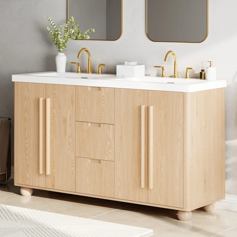 59.1" Double Sink Bathroom Vanity with Resin Sinks, Solid Wood Handles, Natural Grain, Soft-Close Doors, 3 Drawers, Adjustable Shelves, Wood Finish
59.1" Double Sink Bathroom Vanity with Resin Sinks, Solid Wood Handles, Natural Grain, Soft-Close Doors, 3 Drawers, Adjustable Shelves, Wood Finish