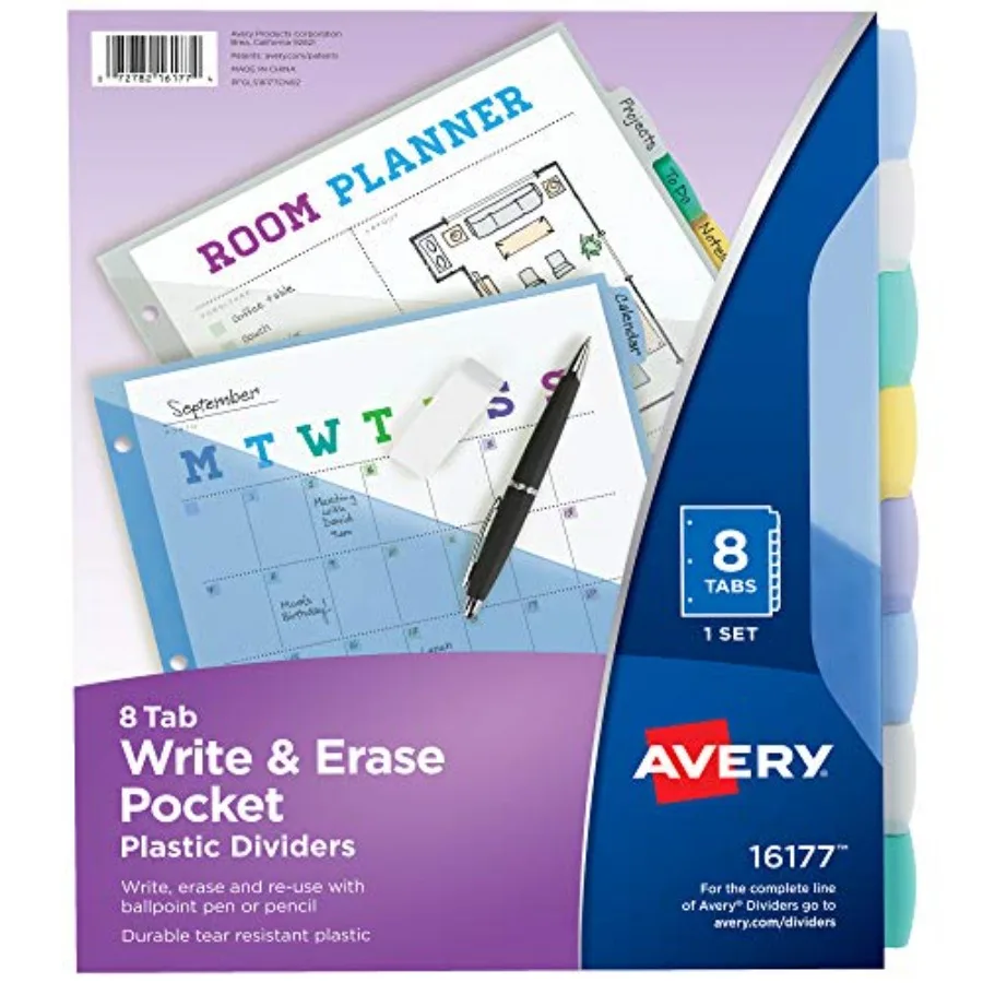 Write and Erase Pocket Plastic Dividers for 3 Ring Binders, 8-Tab Sets, Multicolor, Tabs Viewable Beyond Sheet Protectors, 677
Write and Erase Pocket Plastic Dividers for 3 Ring Binders, 8-Tab Sets, Multicolor, Tabs Viewable Beyond Sheet Protectors, 677
