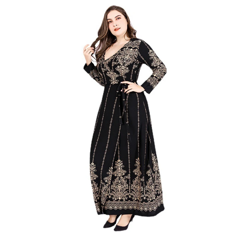Autumn new plus size fashion dress quality belt long sleeve retro women's printed wrapped sexy V-neck dress
Autumn new plus size fashion dress quality belt long sleeve retro women's printed wrapped sexy V-neck dress