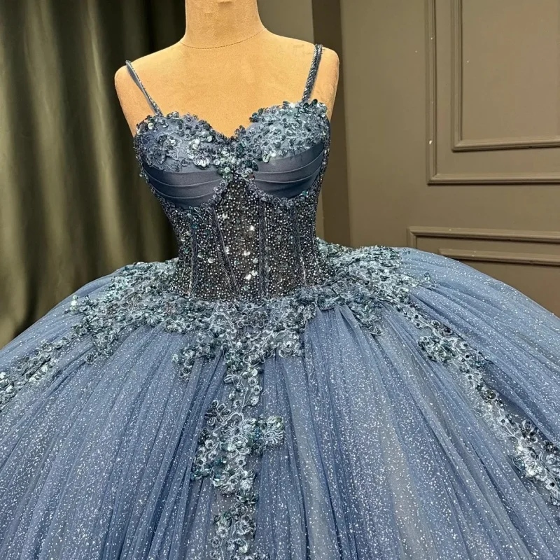 Shiny Blue Quinceanera Dress Sequins Crystal Decal Lace Layering Long tail off-shoulder Bow Vestidos De 15 Quinceanera Customiz
Shiny Blue Quinceanera Dress Sequins Crystal Decal Lace Layering Long tail off-shoulder Bow Vestidos De 15 Quinceanera Customiz