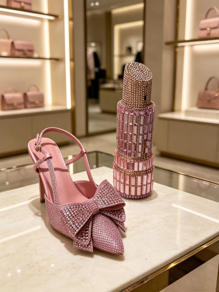 Pink Big Bow Full Rhinestone Pointed Heels & Lipstick Shaped Crystal Clutch Bag Luxury Women Runway Evening Party Shoes Tacones
Pink Big Bow Full Rhinestone Pointed Heels & Lipstick Shaped Crystal Clutch Bag Luxury Women Runway Evening Party Shoes Tacones
