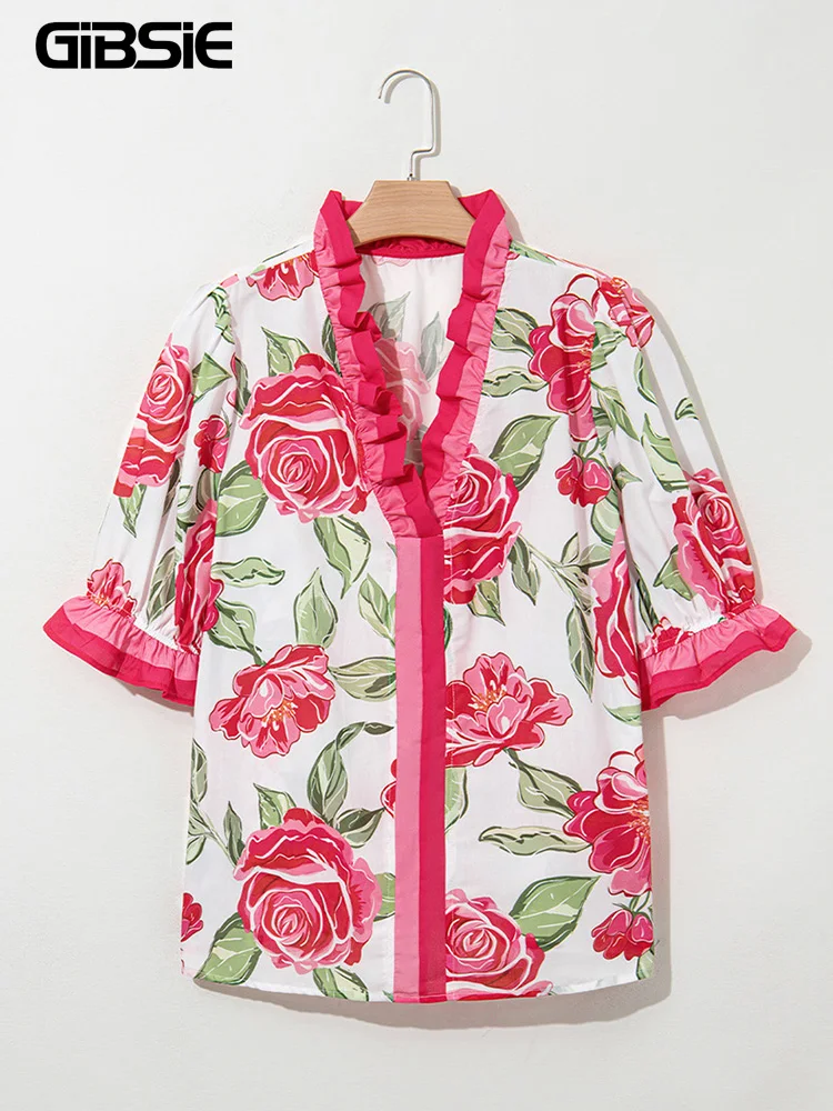GIBSIE Plus Size Floral Print Frill Trim V-Neck Blouse Women 2025 Summer Holiday Retro Half Sleeve Loose Tops Female Blouses 
GIBSIE Plus Size Floral Print Frill Trim V-Neck Blouse Women 2025 Summer Holiday Retro Half Sleeve Loose Tops Female Blouses