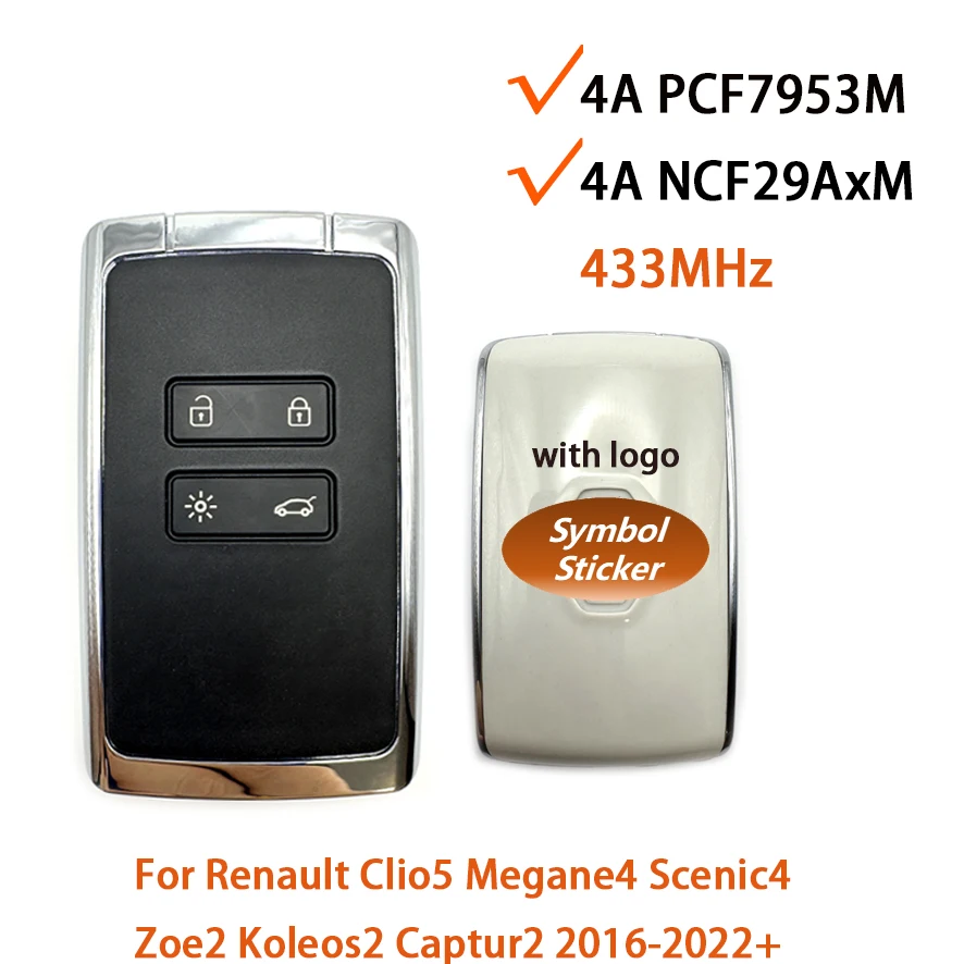 4A PCF7953M NCF29AxM 433MHz Proximity Smart Car Remote Key For Renault Clio5 Megane4 Scenic4 Zoe2 Koleos2 Captur2 2016-2022+
4A PCF7953M NCF29AxM 433MHz Proximity Smart Car Remote Key For Renault Clio5 Megane4 Scenic4 Zoe2 Koleos2 Captur2 2016-2022+
