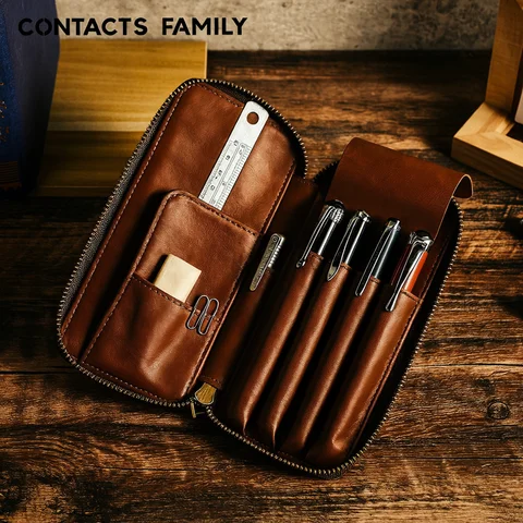 Handmade Genuine Leather Pencil Case with 4 Slots Handmade Multifunctional Zipper Fountain Pen Bag Student Stationery Pen Box