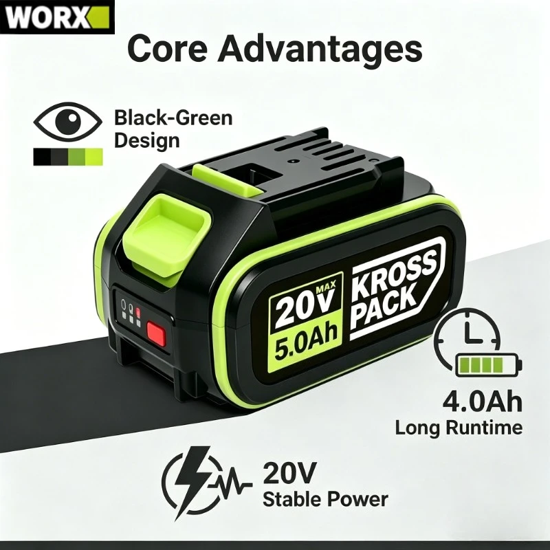 Worx 20V max 6.0Ah lithium battery, used for replacement of Worx WA3023,WA3593,WA3595, KROSS PACK high-performance battery.
Worx 20V max 6.0Ah lithium battery, used for replacement of Worx WA3023,WA3593,WA3595, KROSS PACK high-performance battery.