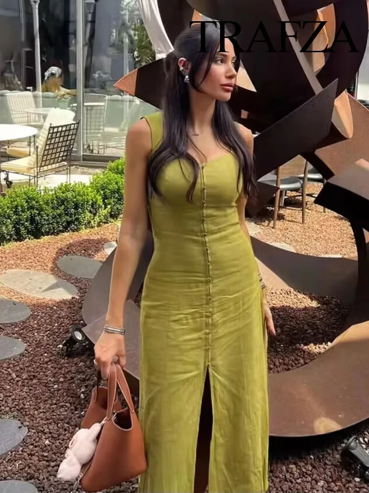 TRAFZA Women Summer Beach Party Midi Dress Sleeveless Single-breasted Square Collar Hem Slit Back Zipper Elegant Female Dress
TRAFZA Women Summer Beach Party Midi Dress Sleeveless Single-breasted Square Collar Hem Slit Back Zipper Elegant Female Dress
