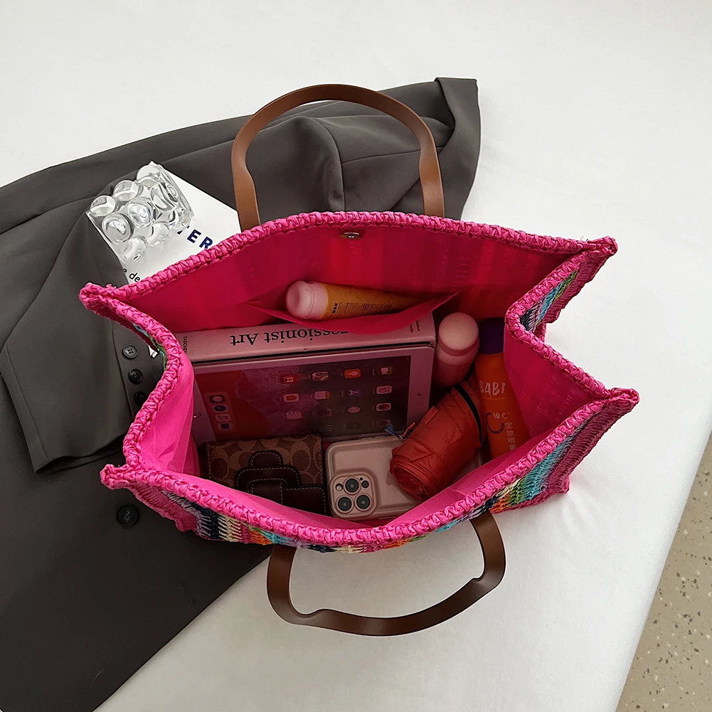 Women Striped Woven Tote Rainbow Straw Shoulder Bag Large Capacity Straw Woven Handbag Handwoven Straw Bag Summer Beach Bag
Women Striped Woven Tote Rainbow Straw Shoulder Bag Large Capacity Straw Woven Handbag Handwoven Straw Bag Summer Beach Bag
