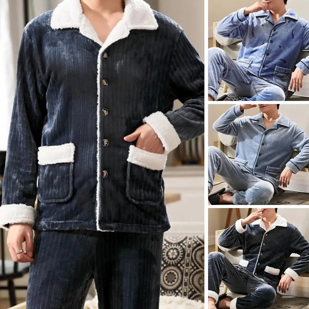 2 Pcs/Set Men Winter Pajamas Set Lapel Thick Striped Single-breasted Elastic Waist Warm Men Homewear Top Pants Set
2 Pcs/Set Men Winter Pajamas Set Lapel Thick Striped Single-breasted Elastic Waist Warm Men Homewear Top Pants Set