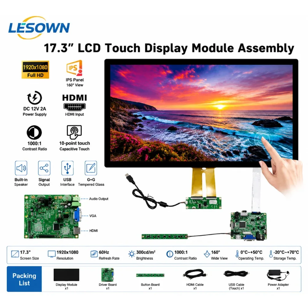 LESOWN 17.3 Inch Touch Screen with Board 1920x1080 Capacitive Display Module Plug and Play HDTV VGA 12V Monitor Panel Kit
LESOWN 17.3 Inch Touch Screen with Board 1920x1080 Capacitive Display Module Plug and Play HDTV VGA 12V Monitor Panel Kit