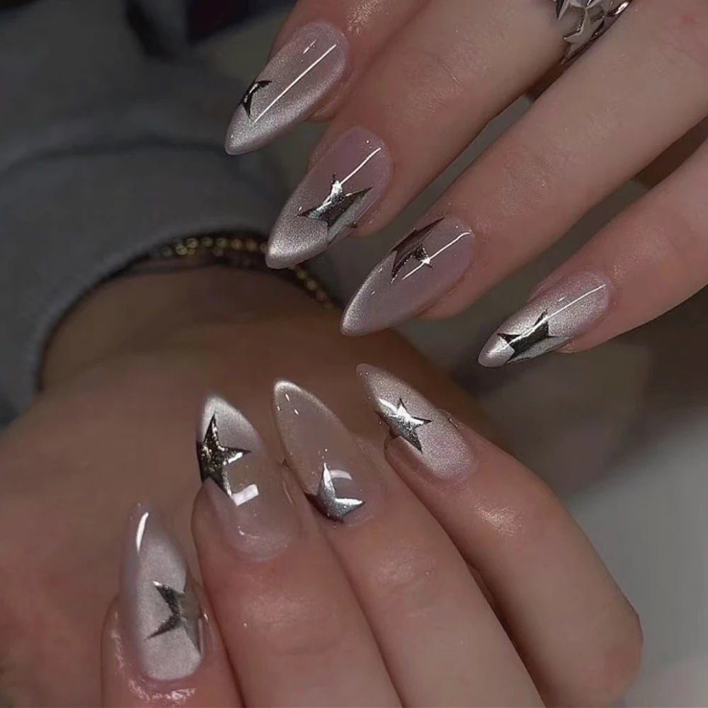 3D Silver Stars Sparkling Cat Eye Wearable Nail Art Fashion Almond False Nails Detachable Finished Fake Nails Press on Nails
3D Silver Stars Sparkling Cat Eye Wearable Nail Art Fashion Almond False Nails Detachable Finished Fake Nails Press on Nails