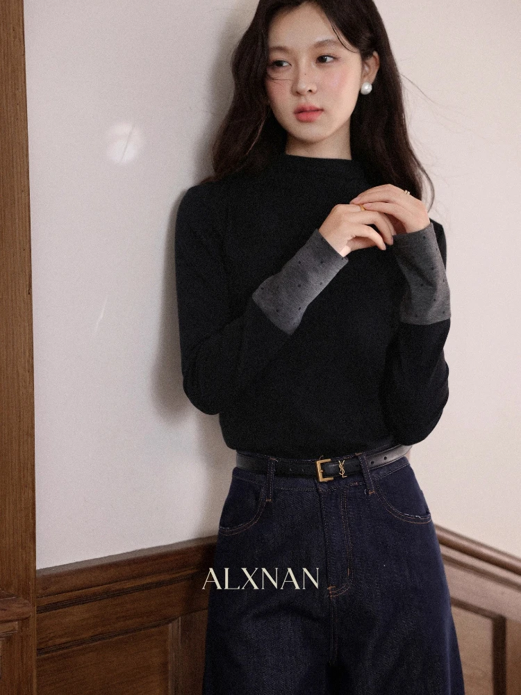 ALXNAN Black Long-sleeve T-Shirt Turtleneck Patchwork Polka Point Versatile Woman's Tops Casual Commuting Ladies Clothing L58325 
ALXNAN Black Long-sleeve T-Shirt Turtleneck Patchwork Polka Point Versatile Woman's Tops Casual Commuting Ladies Clothing L58325
