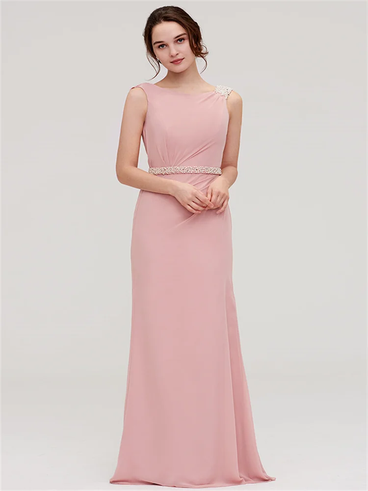 Hot Selling Round Neckline With Belt Sleeveless Chiffon Sheath Bridesmaid Dress Back Zipper Floor Length Gown For Wedding Guest
Hot Selling Round Neckline With Belt Sleeveless Chiffon Sheath Bridesmaid Dress Back Zipper Floor Length Gown For Wedding Guest