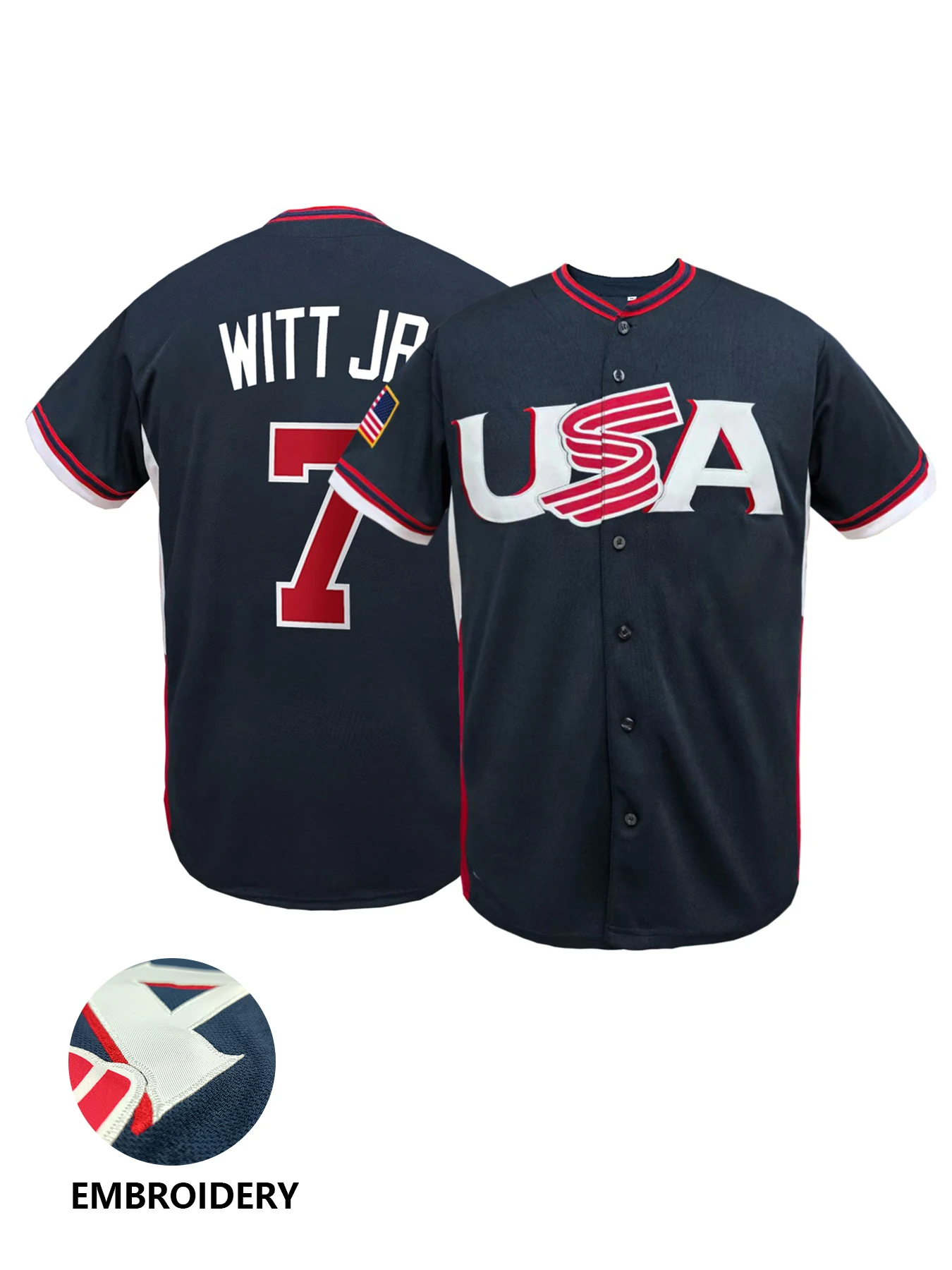 Men Women USA 7 Embroidered Baseball Jersey Navy Blue Short Sleeve Button Down Casual Sports Uniform
Men Women USA 7 Embroidered Baseball Jersey Navy Blue Short Sleeve Button Down Casual Sports Uniform