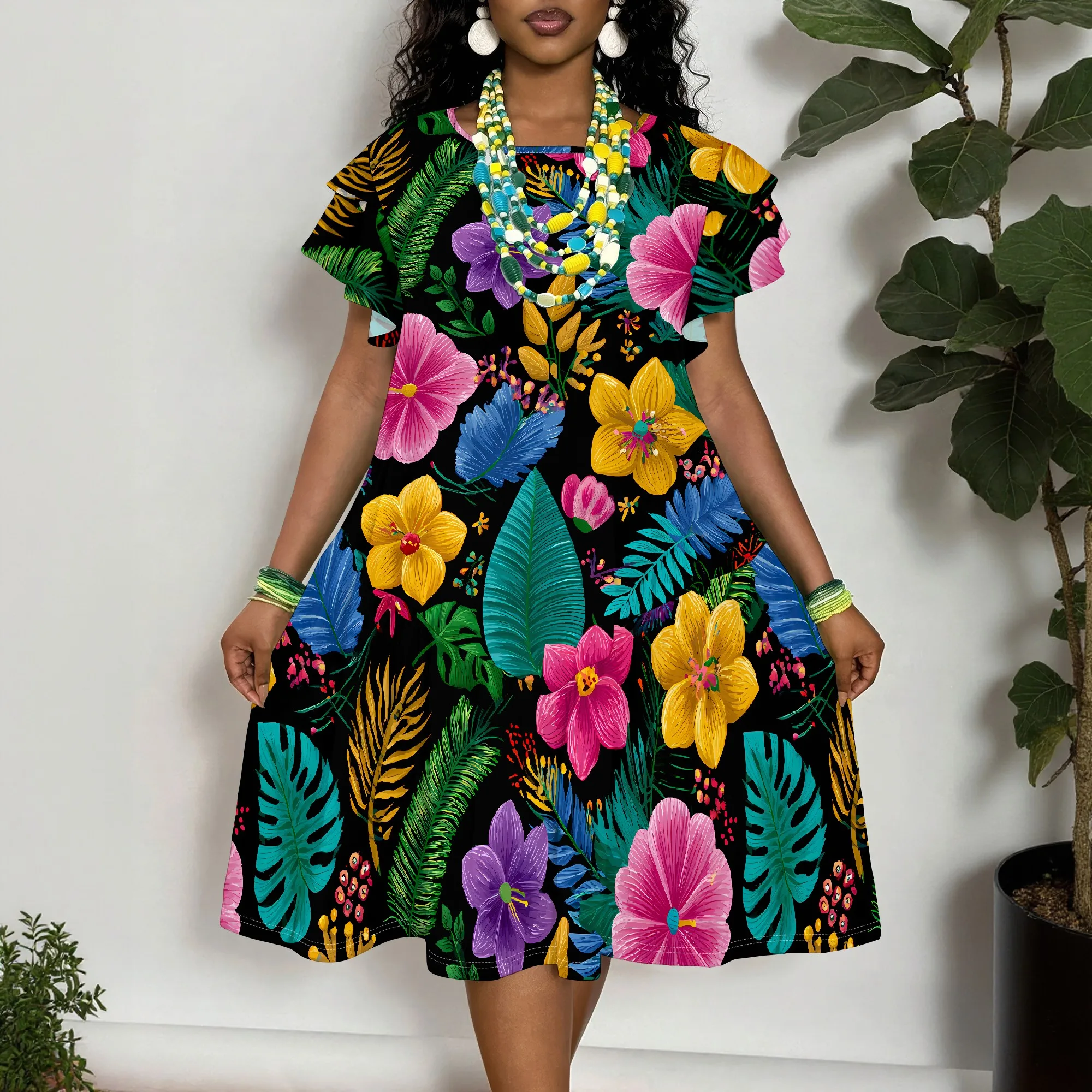 Tropical Floral Print Short Sleeve Dress for Women, Vibrant Hibiscus & Leaf Pattern A-Line Summer Tunic
Tropical Floral Print Short Sleeve Dress for Women, Vibrant Hibiscus & Leaf Pattern A-Line Summer Tunic