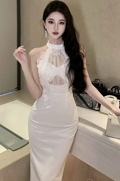 Luxury Halter Neck Dress Women 2024 Lace Panel Bodycon Gown Sleeveless Off-Shoulder White Evening Dress Corset Waist Elegant 
Luxury Halter Neck Dress Women 2024 Lace Panel Bodycon Gown Sleeveless Off-Shoulder White Evening Dress Corset Waist Elegant