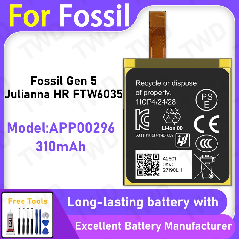 100% New 310mAh APP00296 Battery For Fossil Gen 5 Julianna HR FTW6035 Battery Replacement Bateria+Free Tools
100% New 310mAh APP00296 Battery For Fossil Gen 5 Julianna HR FTW6035 Battery Replacement Bateria+Free Tools