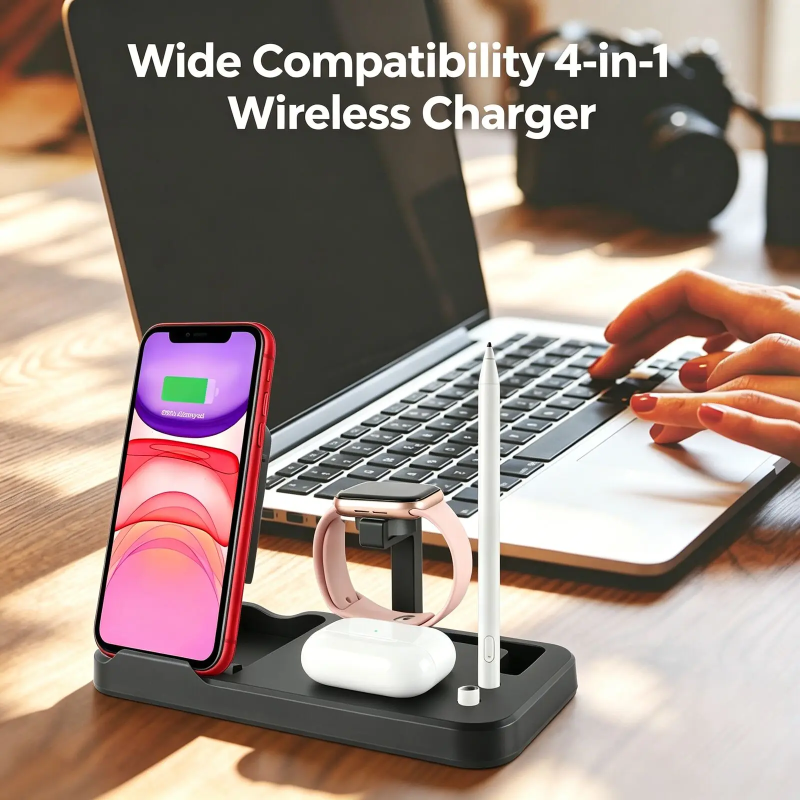 Wide Compatibility 4-in-1 Wireless Charger Foldable Stand for iPhone, Samsung, iWatch, AirPods & Pencil, All Qi Phones Supported
Wide Compatibility 4-in-1 Wireless Charger Foldable Stand for iPhone, Samsung, iWatch, AirPods & Pencil, All Qi Phones Supported