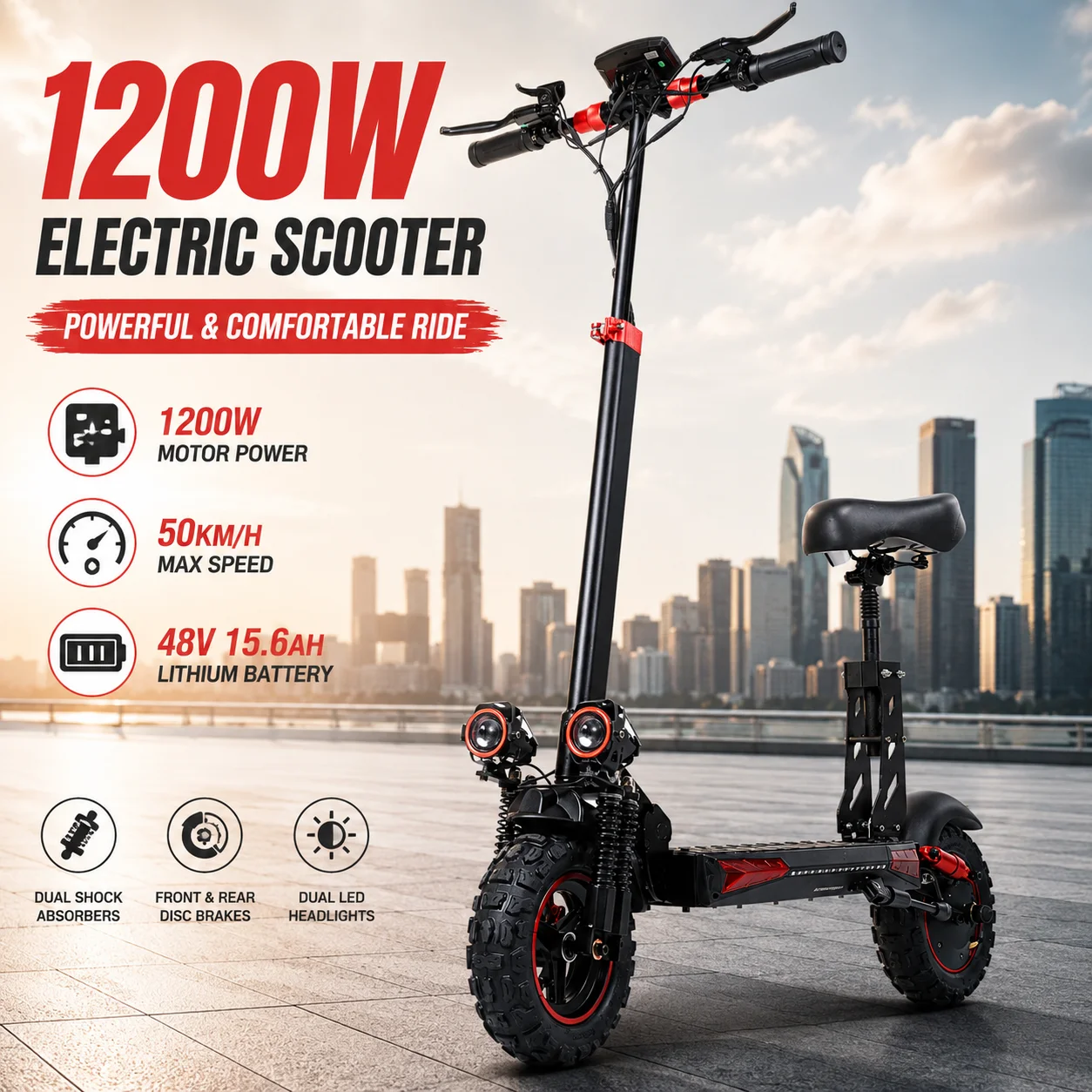 1200W Electric Scooter with Seat, 48V 15.6Ah, 31mph, 11'' Off-Road Fat Tire E-Scooter for Adults, Dual Suspension & Disc Brake
1200W Electric Scooter with Seat, 48V 15.6Ah, 31mph, 11'' Off-Road Fat Tire E-Scooter for Adults, Dual Suspension & Disc Brake