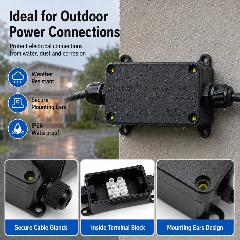 IP66 Waterproof Cable Junction Box 2 Way Sealed Electrical Connector Wire Terminal Case for Outdoor Power Cable Connection
IP66 Waterproof Cable Junction Box 2 Way Sealed Electrical Connector Wire Terminal Case for Outdoor Power Cable Connection