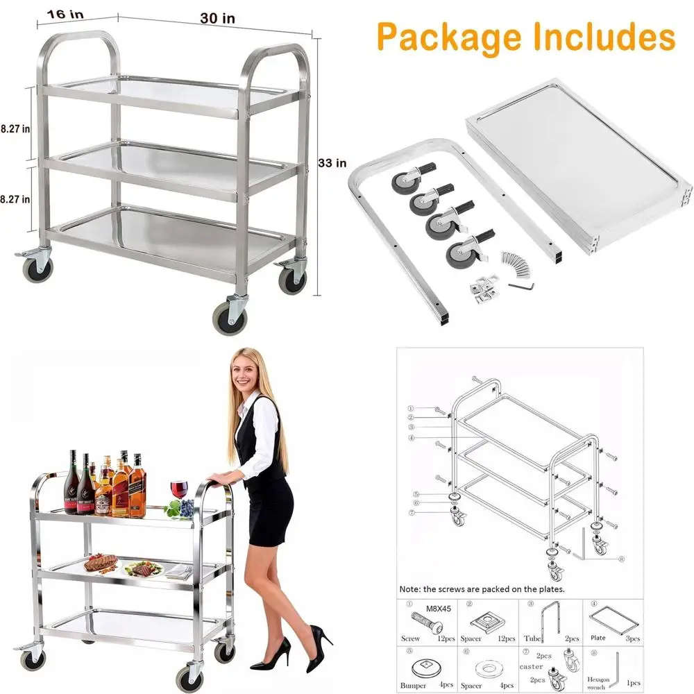 Commercial 3-Tier Stainless Steel Utility Cart, Lockable Wheels, 30x16x33, Restaurant & Catering, 400 lbs Capacity, Easy Assembl
Commercial 3-Tier Stainless Steel Utility Cart, Lockable Wheels, 30x16x33, Restaurant & Catering, 400 lbs Capacity, Easy Assembl