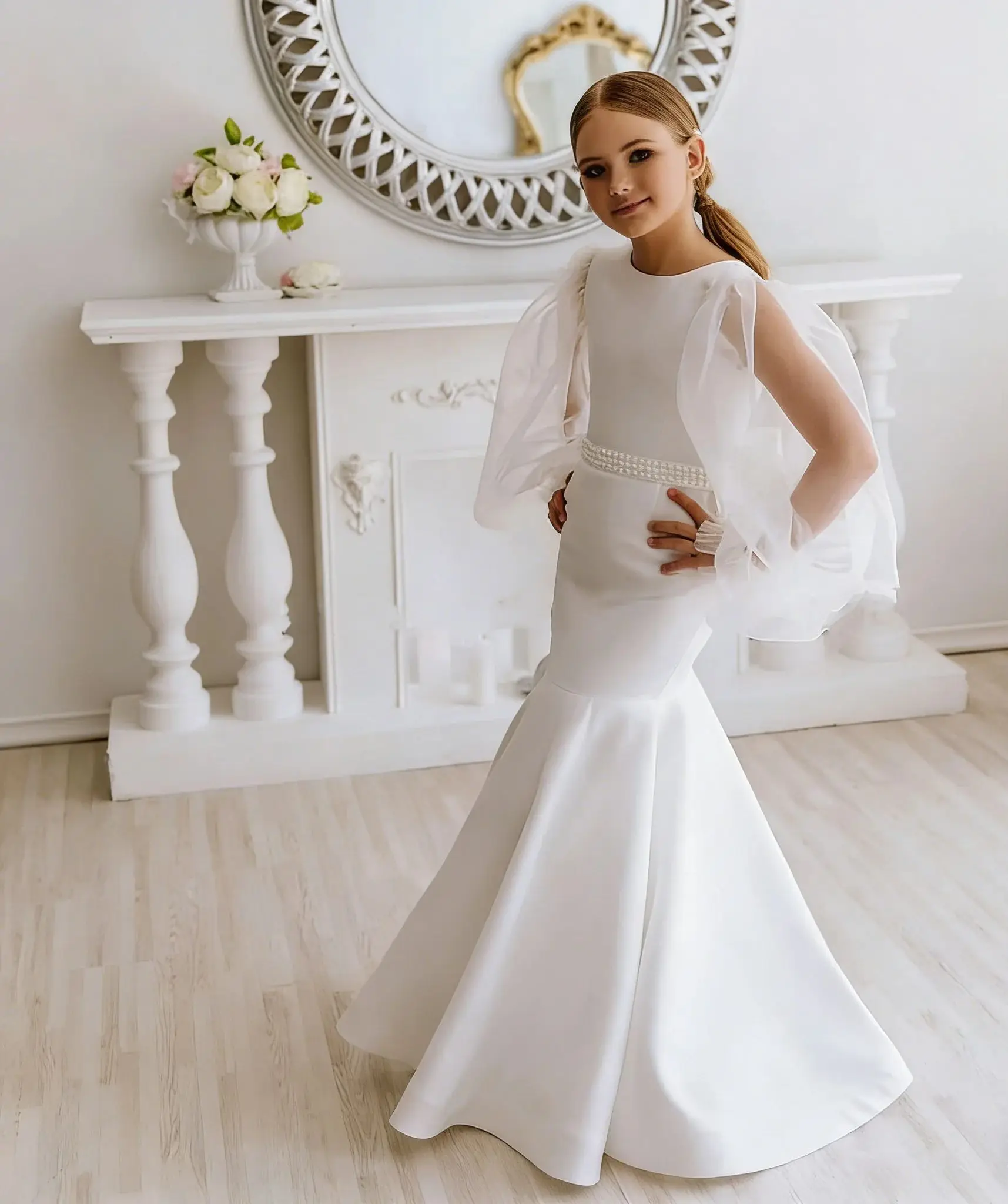 Elegant Customized Flower Girl Dress For Wedding Tulle Long Sleeve Mermaid Pearl Kids Baby Birthday First Communion Ball Gown
Elegant Customized Flower Girl Dress For Wedding Tulle Long Sleeve Mermaid Pearl Kids Baby Birthday First Communion Ball Gown